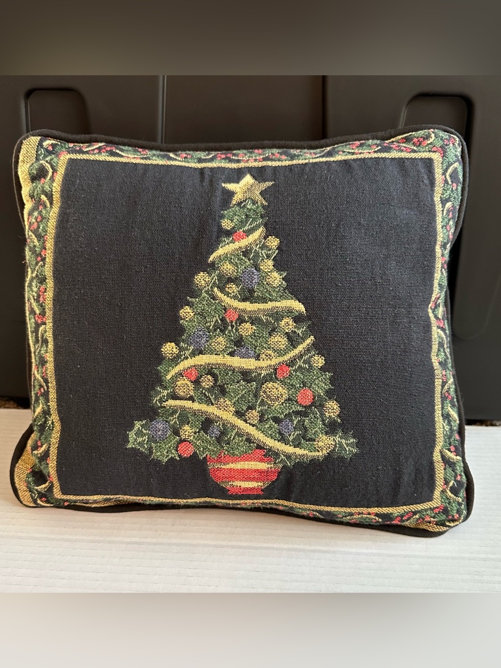Christmas Tapestry-Style Christmas Tree Throw Pillow With A Gold/Green Border